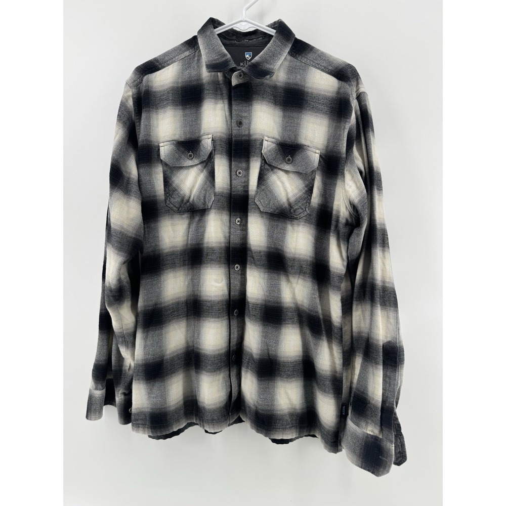 Kuhl Dillingr Flannel Shirt Mens L Black White Cream Plaid